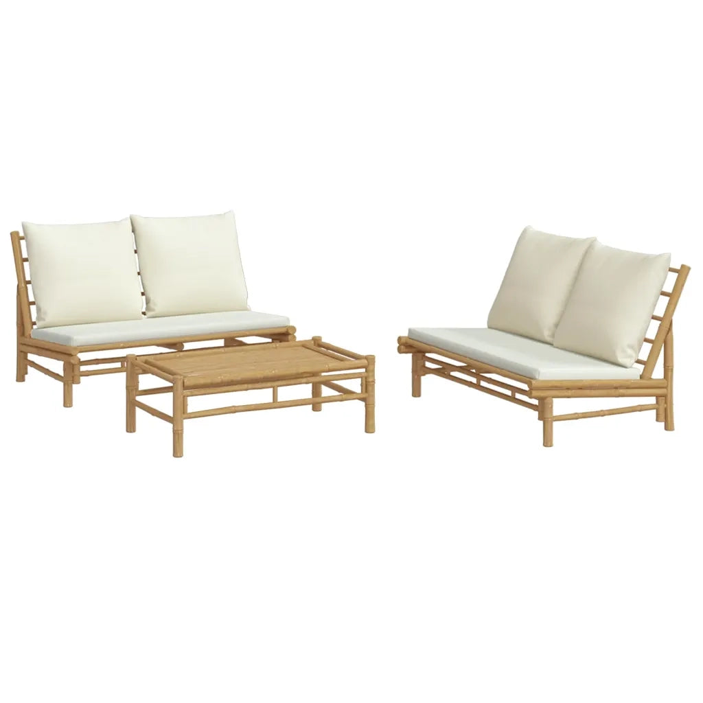 Set Salotto da Giardino 3pz con Cuscini Bianco Crema in BambÃ¹