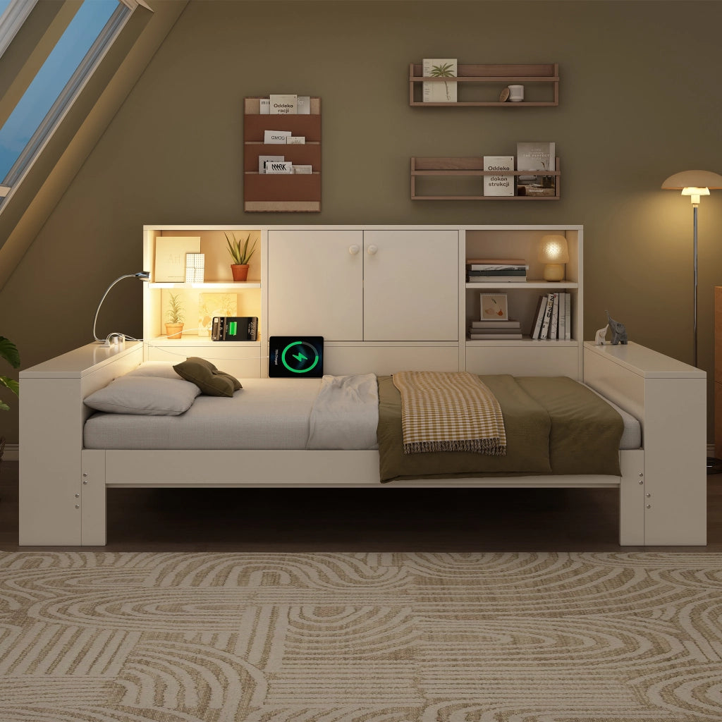 Letto a Divanetto 90 x 200 cm; Letto Singolo - Estraibile; USB e Type-C - Bianco