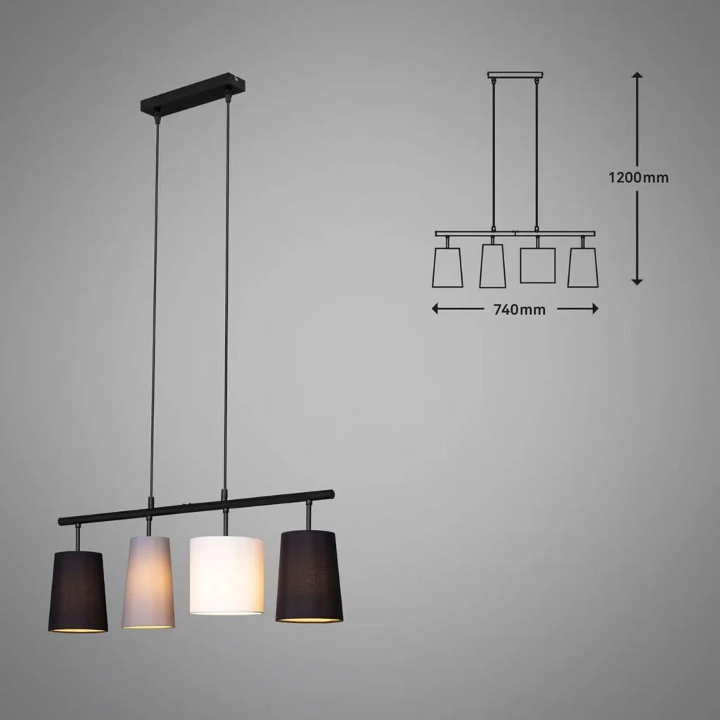 Lampadario Contemporaneo Textile Metallo Nero Paralume Tessuto 4 Luci E27