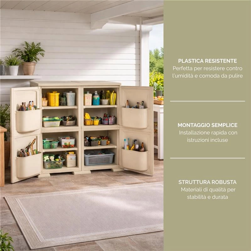 ARMADIO MULTIUSO 2 ANTE ANGORA 79X43X85,5 CM CON 4 TASCHE LATERALI – MOBILE ORGANIZZATORE VERTICALE PER LAVANDERIA E RIPOSTIGLIO