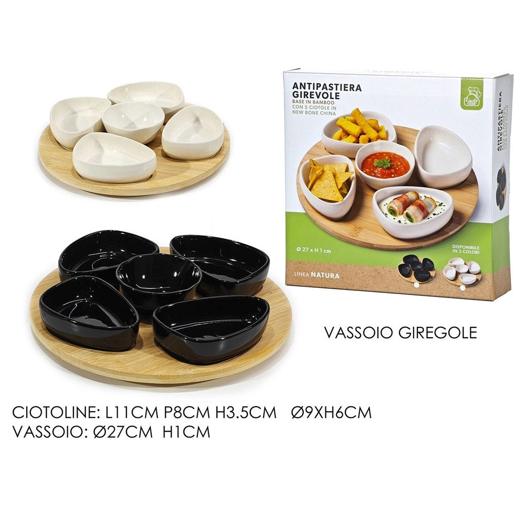 Trade Shop - Set Antipastiera Vassoio Girevole ø27cm In Bamboo Con 5 Ciotole Da Portata Snack Apertivi -