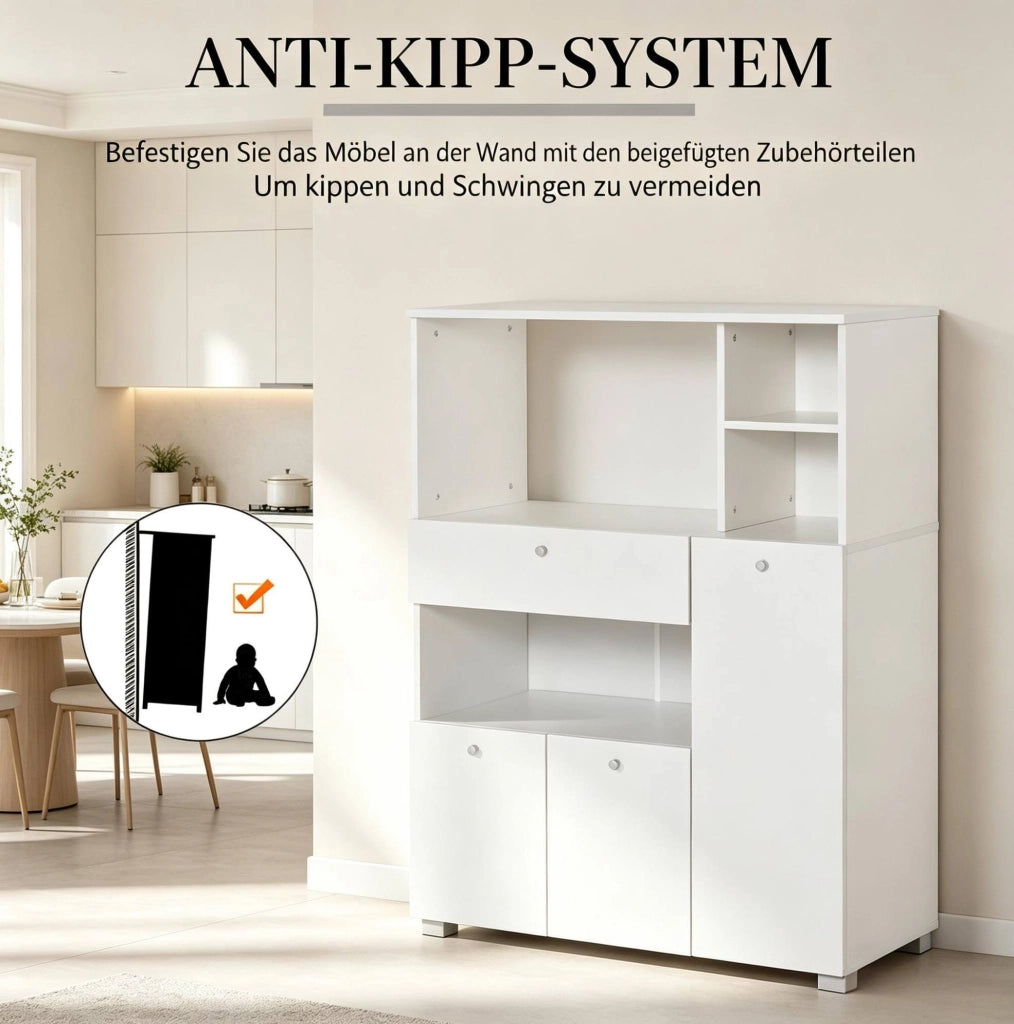 Mobile da cucina per microonde con 2 armadi; cassetto e 4 vani; 90x40x120 cm; bianco