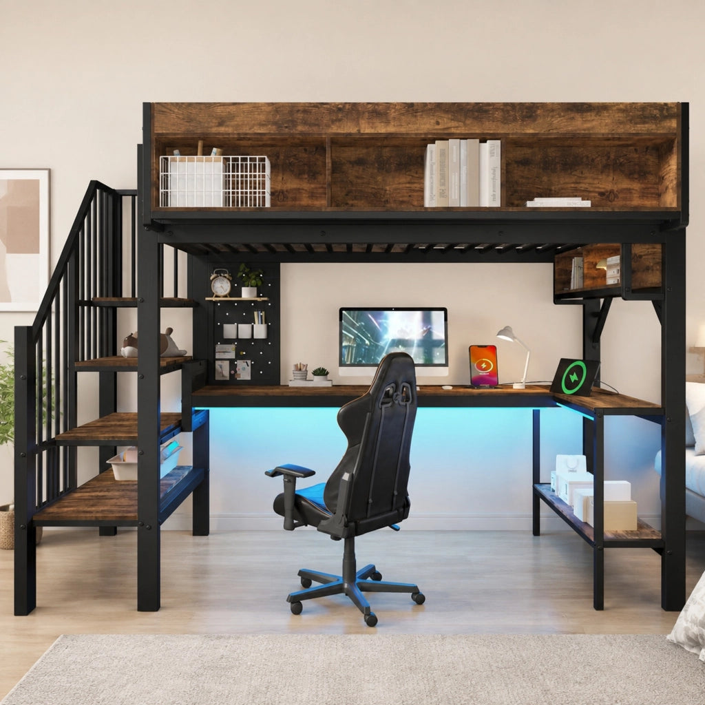 DESMIU Lit a soppalco 90 × 200 cm 1 posto con scrivania angolare, ripiano, LED, USB e Type-C, senza materasso, legno metallo nero