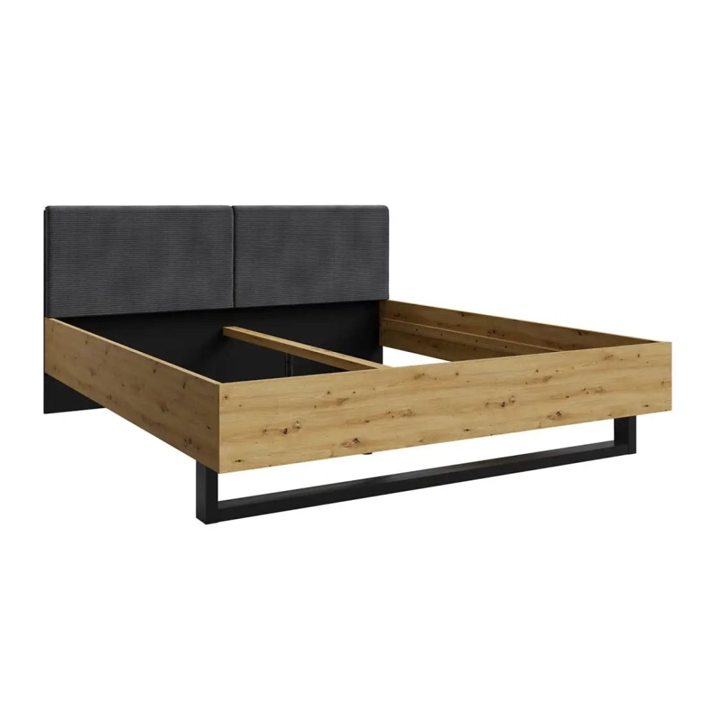 Letto MELODY 160x200 cm – Testiera imbottita – Nero grafite e rovere chiaro – Rete e materasso non inclusi