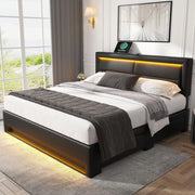 Letto imbottito 140x200 cm con LED; ricarica USB e wireless; 4 cassetti; similpelle nera