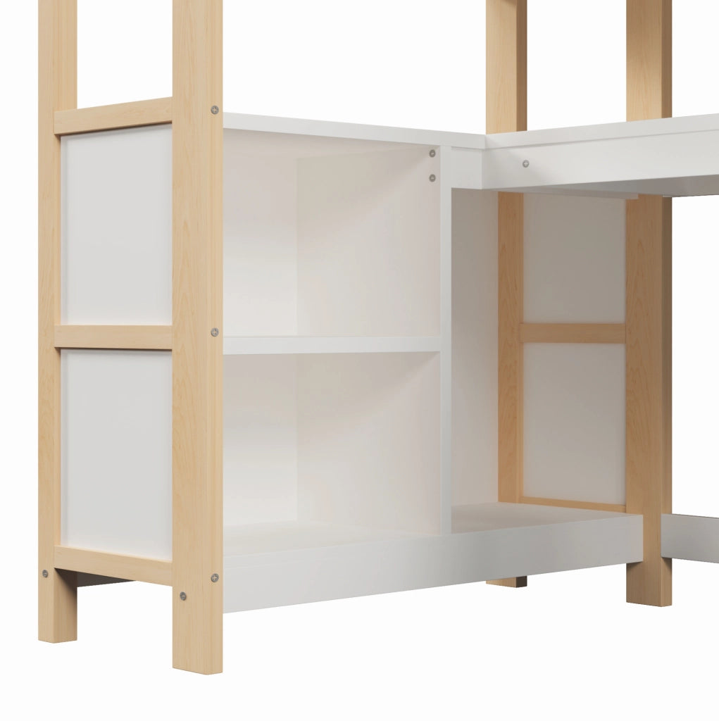 Letto a soppalco 90x200 cm con scrivania, armadio e ripiani in pino, MDF e compensato