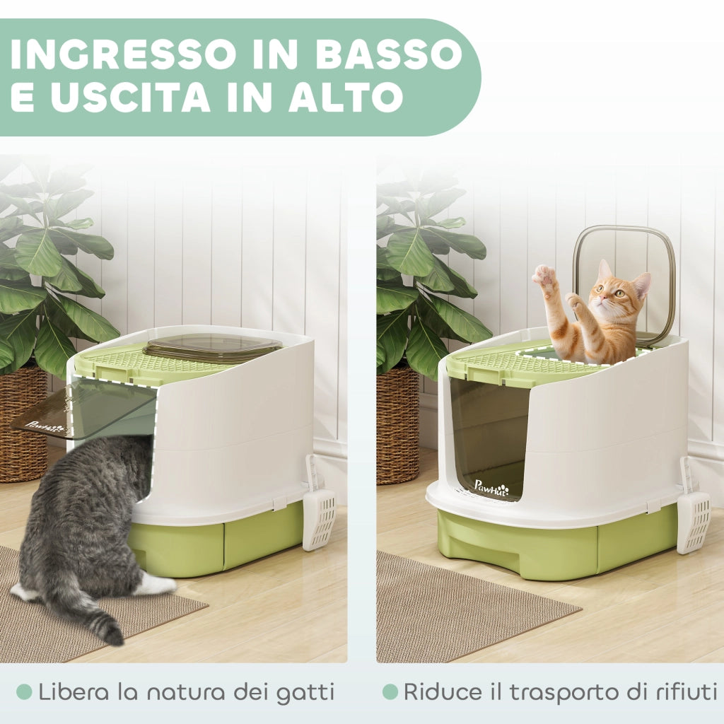 Lettiera Chiusa per Gatti a 2 Porte 40,5x52,5x42,5 cm con Vassoio Estraibile Paletta e Filtri Verde e Bianco