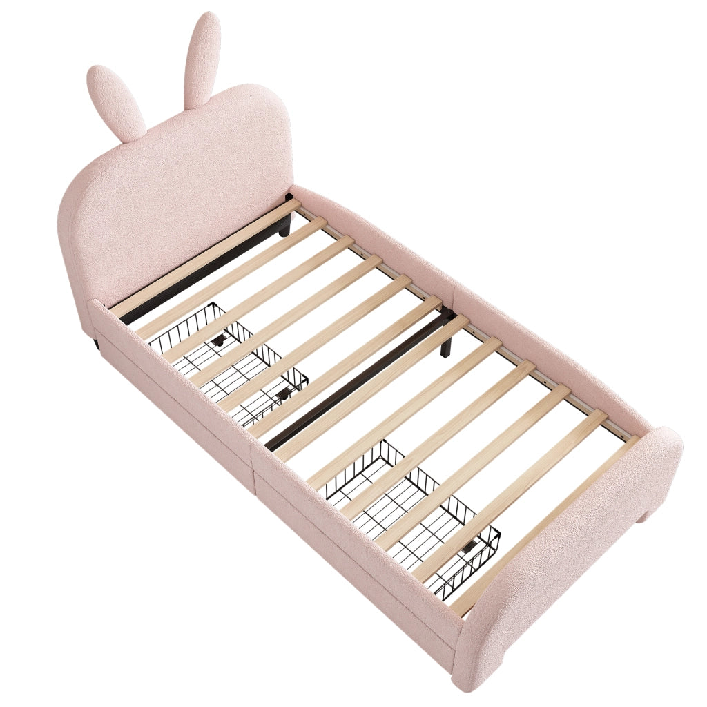 Letto imbottito per bambini 90x200 cm rosa con testiera coniglio e 2 cassetti