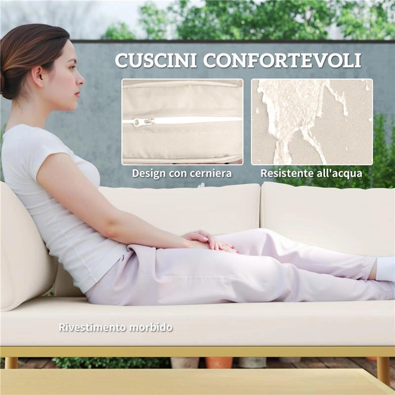 SET SALOTTO DA ESTERNO IN RATTAN PE CON 2 DIVANI A 2 POSTI CON CUSCINI E 2 TAVOLI DA CAFFÉ COLORE LEGNO