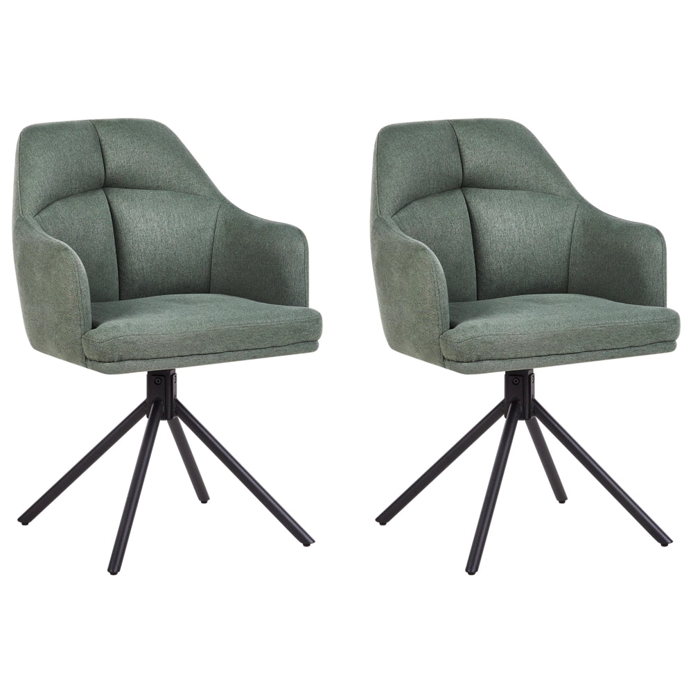 Set di 2 sedie girevoli da pranzo Tessuto verde con braccioli Schienale trapuntato Gambe in metallo nero Retro Transitional