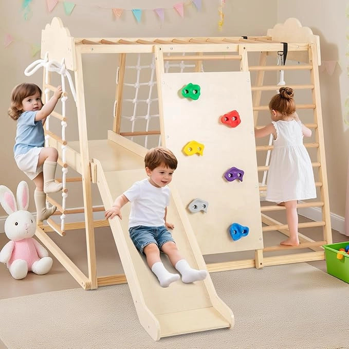 8 in 1 Set da Arrampicata per Bambini, Palestra in Legno da Interno con Sbarre Scivolo Altalena Scala in Corda e Roccia/Rete da Arrampicata, per Bambini 3 Anni+ (Naturale)