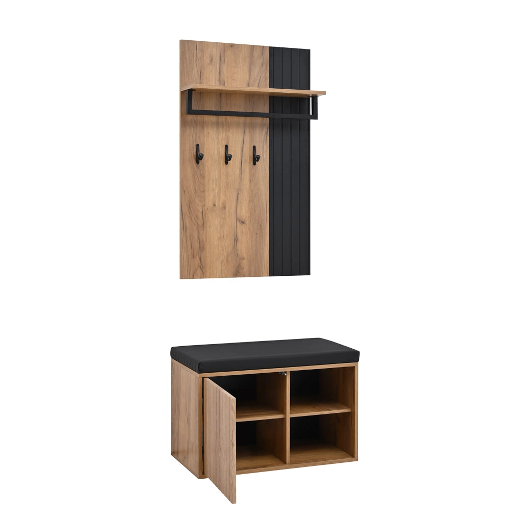 Mobile ingresso con scarpiera a 2 ante, 3 ganci e panca imbottita, 70 x 36 x 146 cm, nero e naturale