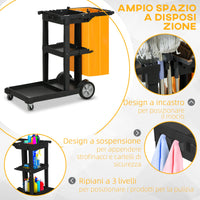 Carrello Pulizie 4 Ripiani Sacco da 100L 121x50,5x96,5 cm Nero Giallo e Grigio