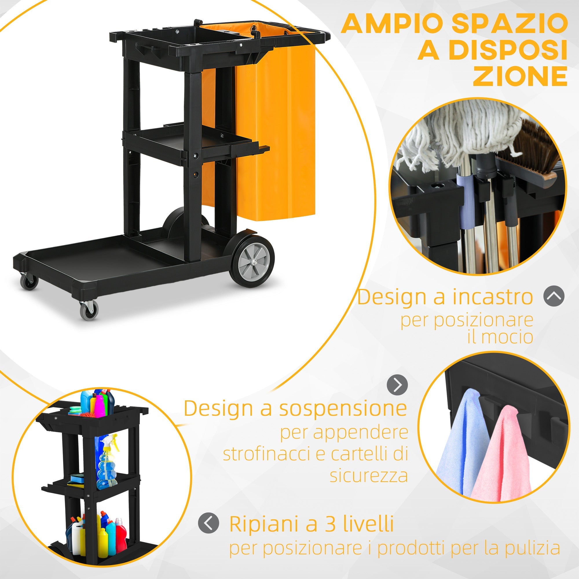 Carrello Pulizie 4 Ripiani Sacco da 100L 121x50,5x96,5 cm Nero Giallo e Grigio