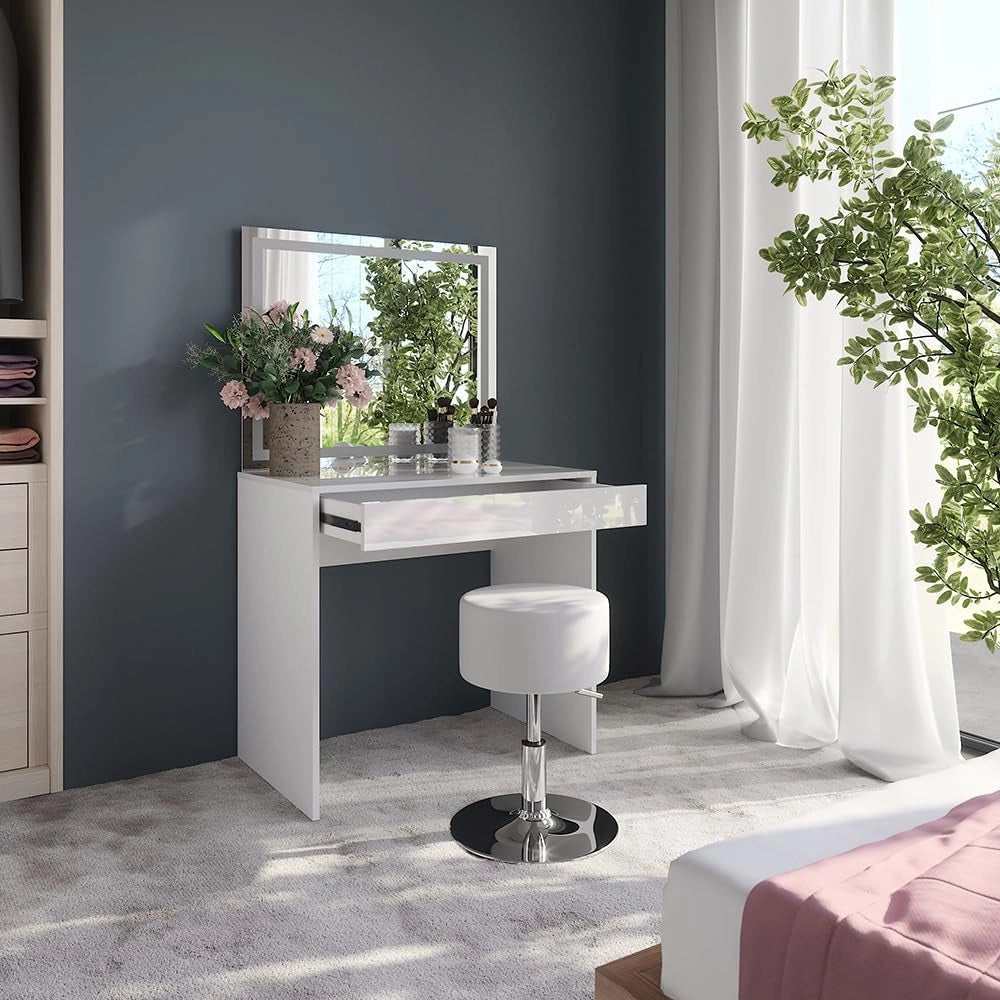Tavolo da toeletta Sherry, Bianco/bianco lucido, 81.4 cm con specchio LED e sgabello