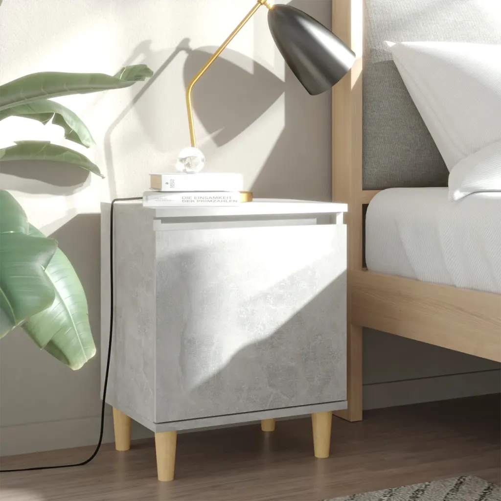 Comodino con Gambe in Legno Massello Grigio Cemento 40x30x50 cm 805823