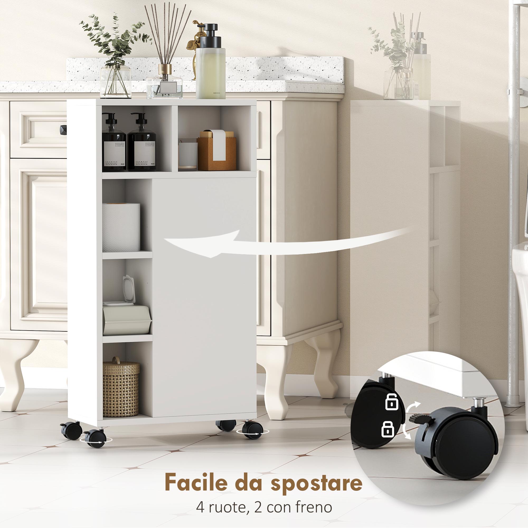 Mobiletto Bagno Salvaspazio 20x40x80 cm con Ruote 3 Cassetti e 5 Vani con Ripiani Regolabili Bianco