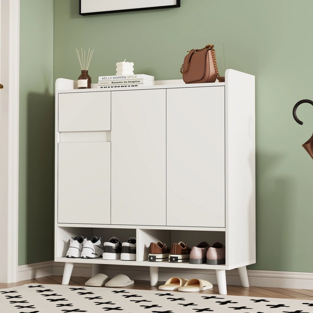 Mobile contenitore moderno con ripiani regolabili e gambe in legno massiccio, bianco, H99 x L90 x P35 cm