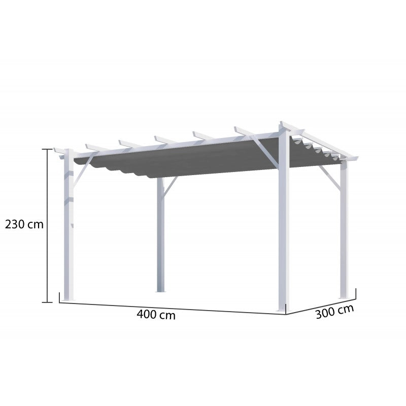 Pergola da giardino in alluminio 400x300 cm con telo scorrevole grigio 280g – tettoia autoportante elegante bianca – PER4030WN Foresta