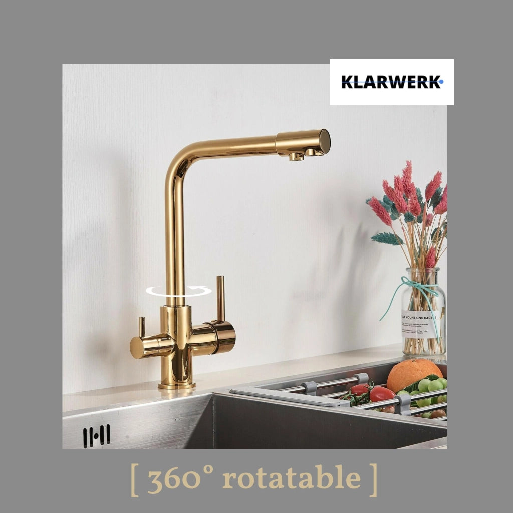 Felix | Rubinetto acqua potabile 3 vie premium oro lucido | rubinetto cucina osmosi acciaio inox | rubinetto miscelatore - 360 gradi|filtro 3 attacchi