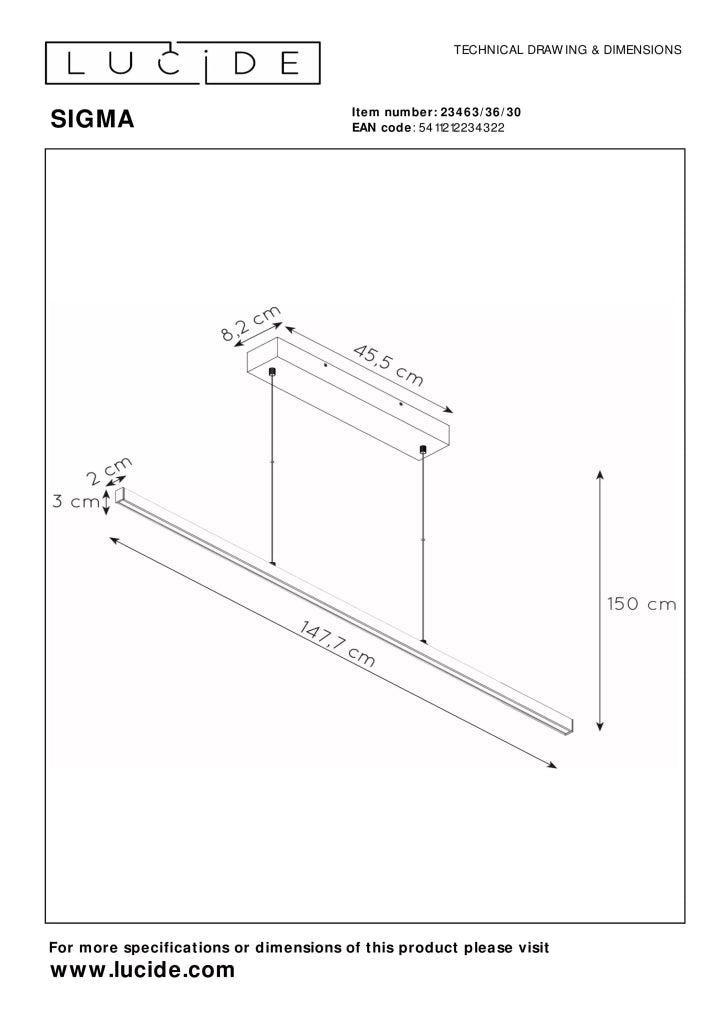 Lampada sospesa moderna nera 148 cm Sigma LED 36W Lucide