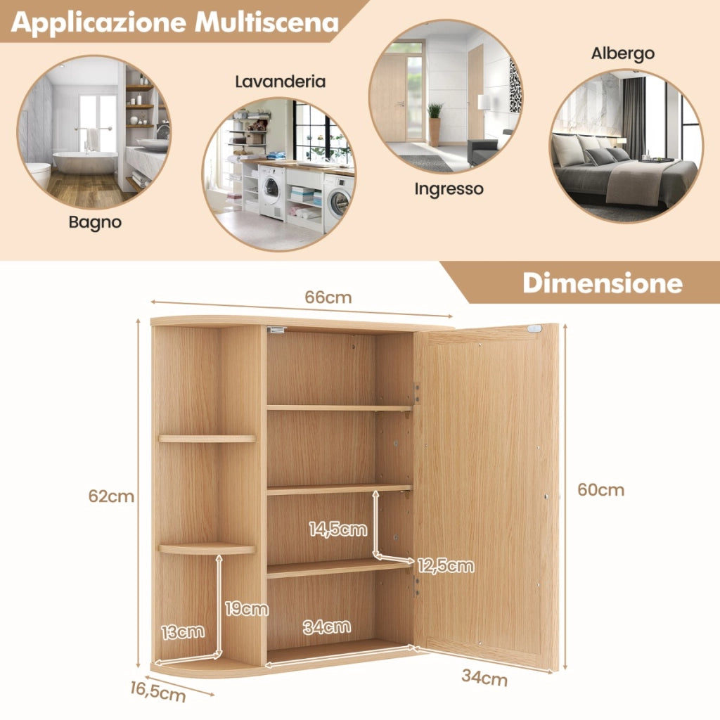 Armadietto del bagno con specchio e mensole regolabili al muro-Armadietto di legno per bagno e salone Legno naturale
