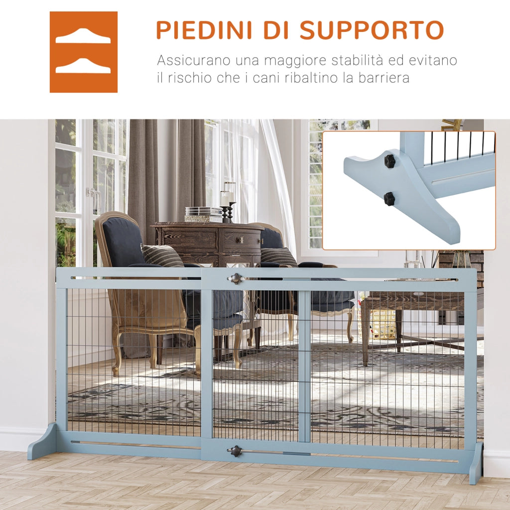 Cancellino per Cani Estensibile da Interno in Legno e Acciaio. 104-180x36x69cm. Blu-grigio