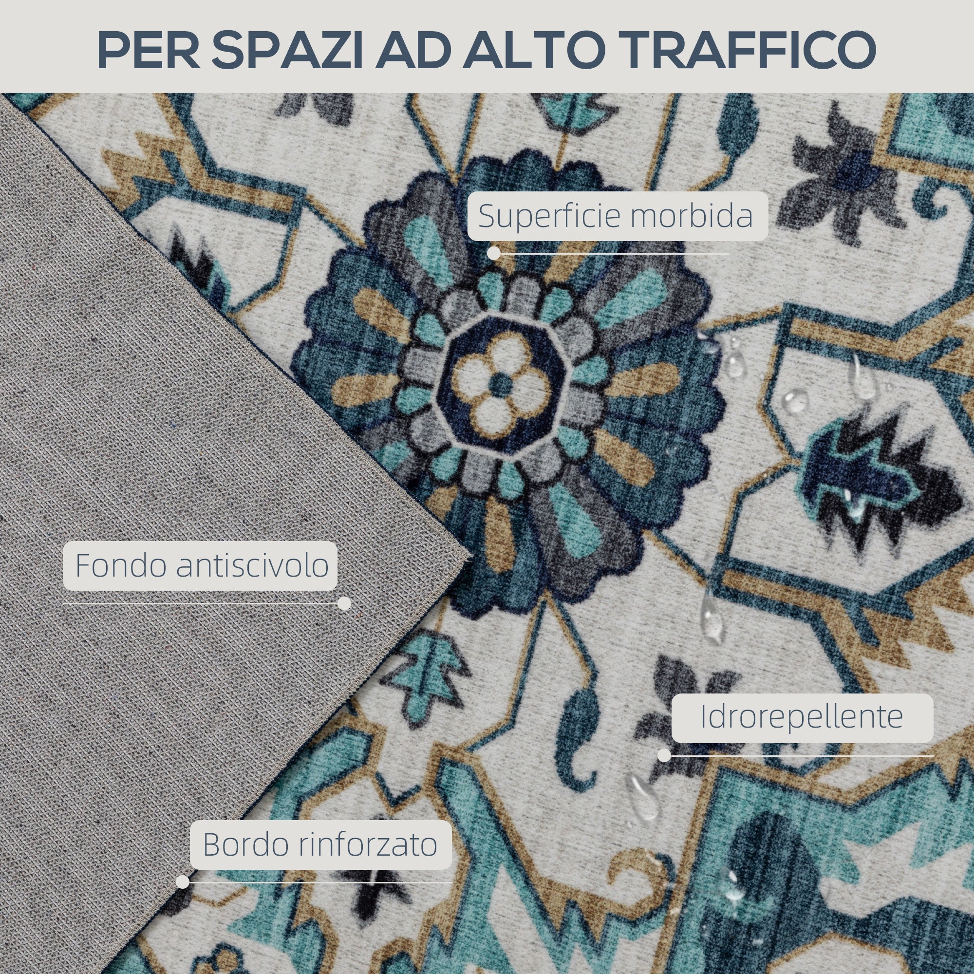 Tappeto Boho Antiscivolo e Lavabile 230x160 cm a Pelo Corto in Effetto Cashmere Blu