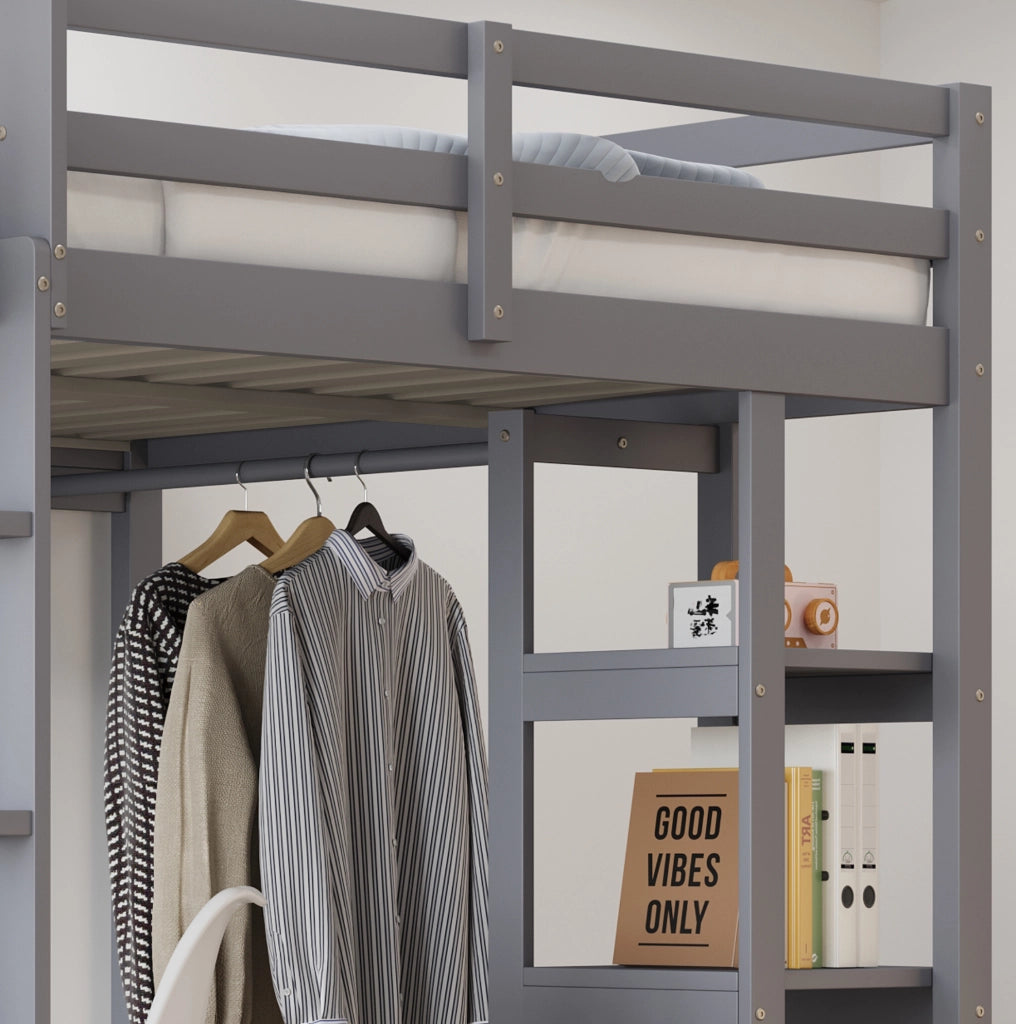 Letto a soppalco 140x200 cm in legno grigio con scrivania; armadio e ripiani