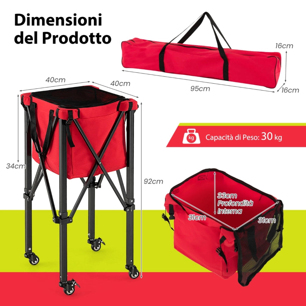 Carrello porta palline da tennis in alluminio con ruote borsa rimovibile, Cesto raccogli palline tennis Rosso-Ricreazione outdoor