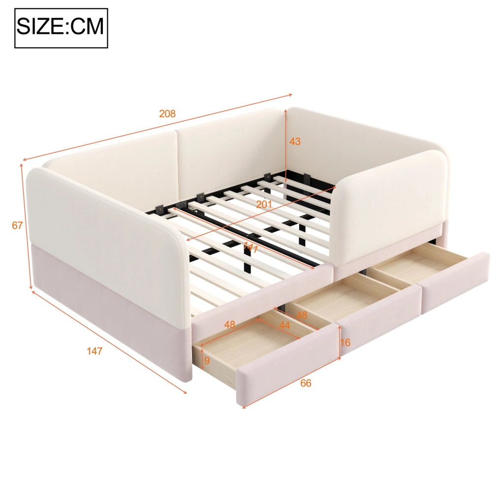 Letto imbottito per bambini 140x200 cm con parapetto perimetrale; bordi arrotondati e ampio cassetto; velluto rosa