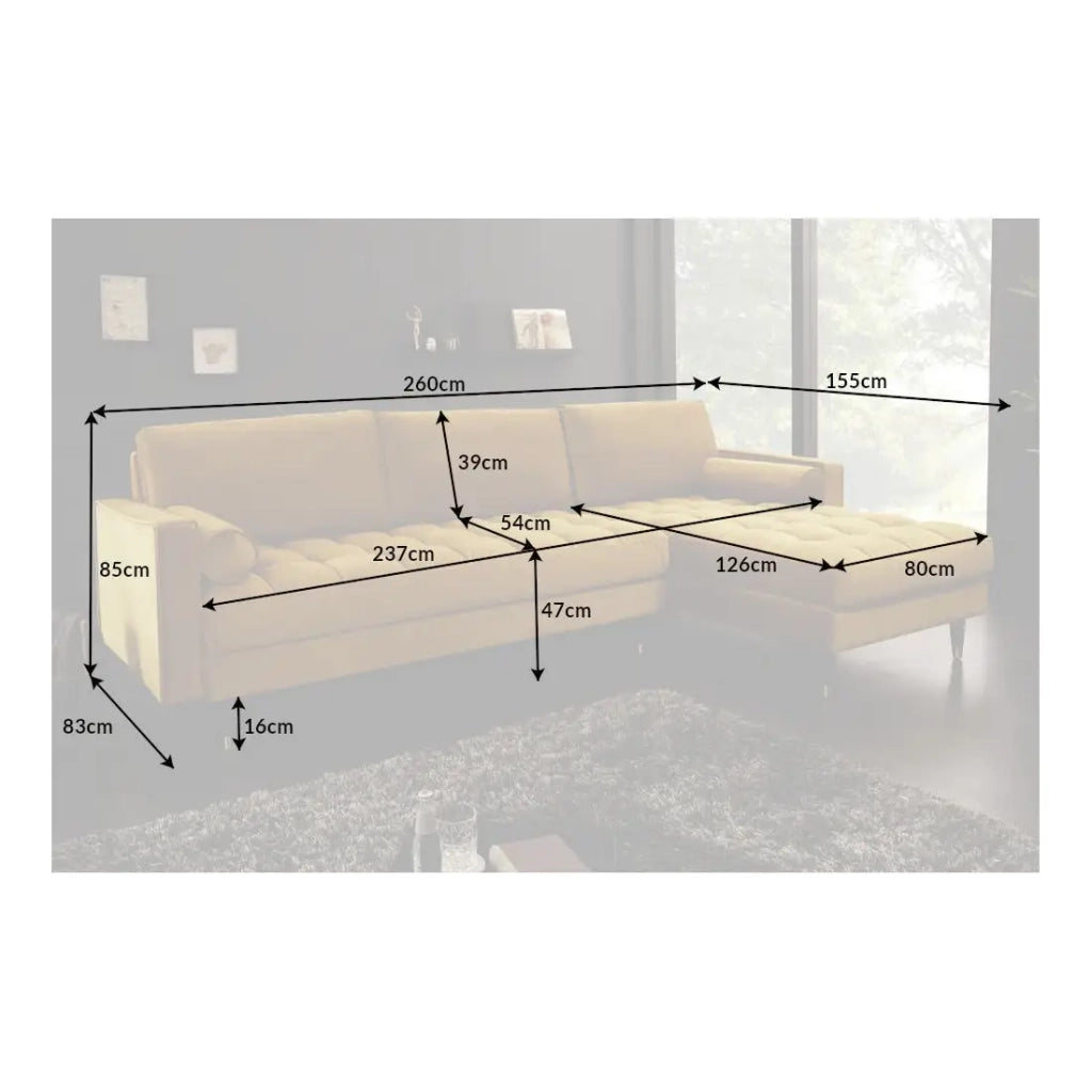 Divano ad angolo KOLIRI giallo senape – 4 posti – Angolo destro – Divano design in velluto e legno massiccio