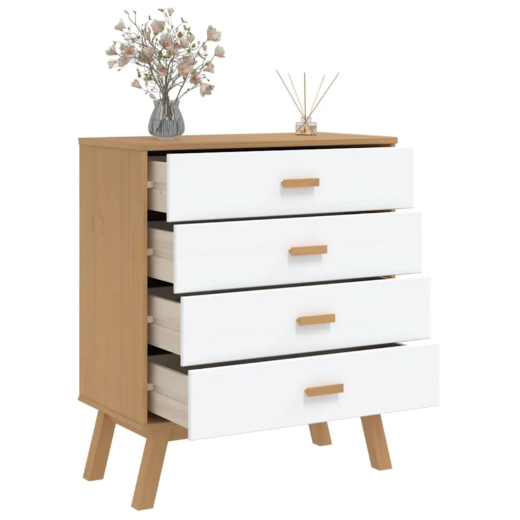 Cassettiera OLDEN Bianca e Marrone in Legno Massello di Pino 358590
