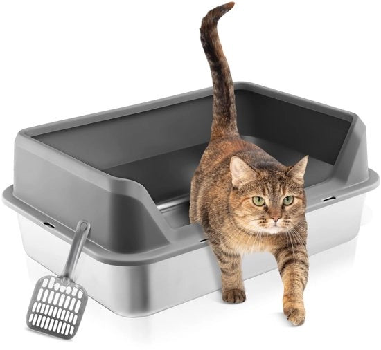 Cassetto per gatto in acciaio inossidabile, facile da pulire e resistente all'odore, cassetto per gatto a chiusura parziale in acciaio inossidabile, alta bordatura rimovibile, con gabbia per gatto 50 x 35 x 20 cm