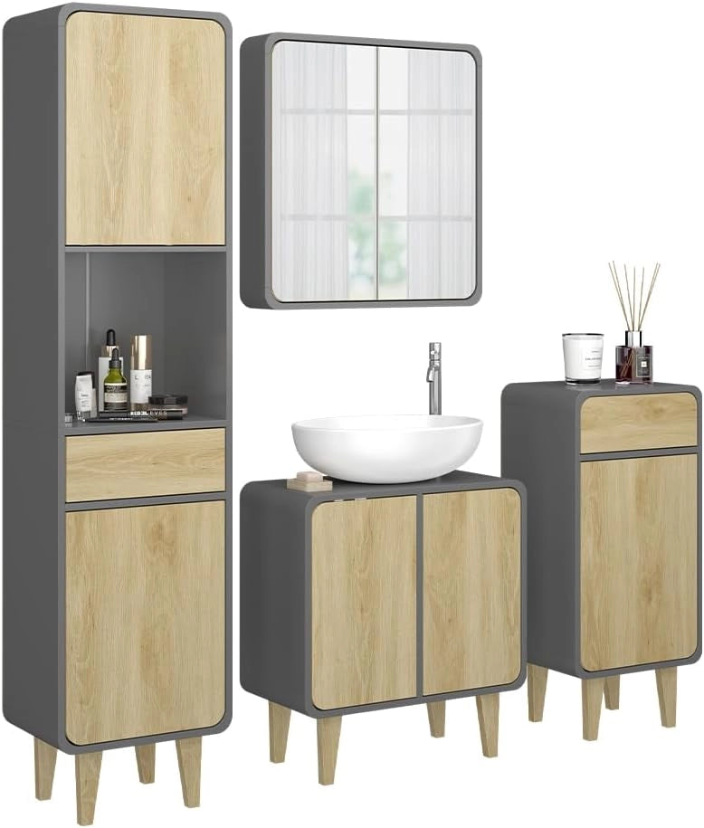 Set di mobili da bagno Arla, Antracite/quercia, 60 cm, composto da mobile lavabo, pensile a specchio, colonna e base media
