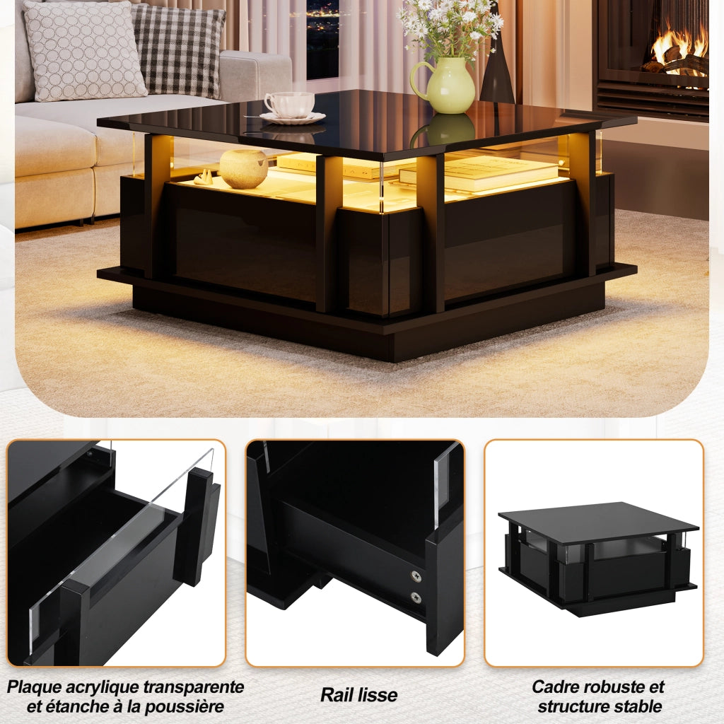 Tavolino da salotto nero lucido 70x70 cm con luci LED e 2 cassetti