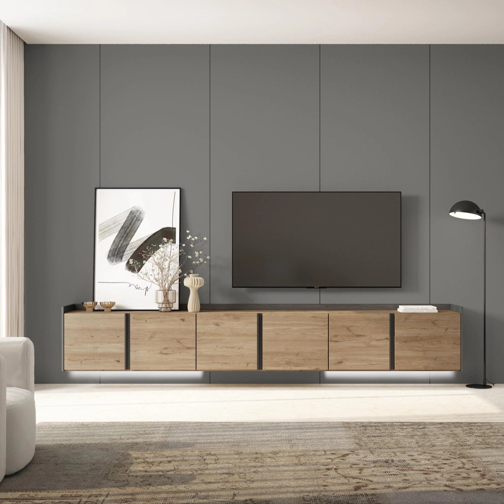 Mobile TV Soggiorno, 309x50x35 cm, Per TV fino a 80", Sospeso, da appendere, LED, Rovere e nero