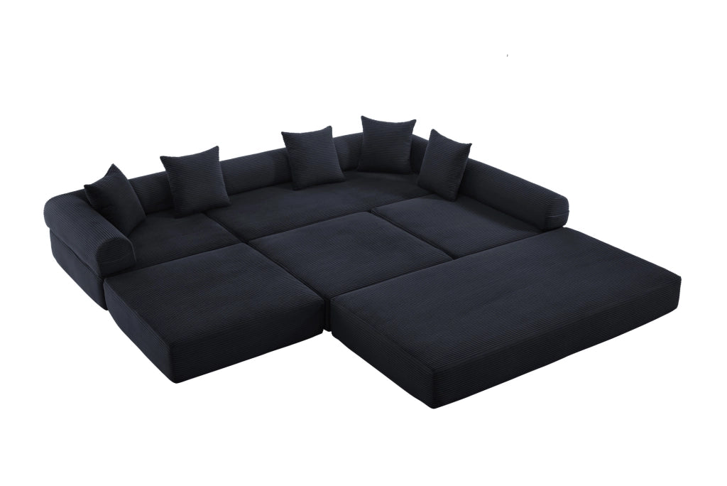Divano modulare 270x180x64 cm trasformabile in letto con tasca laterale in velluto a coste nero