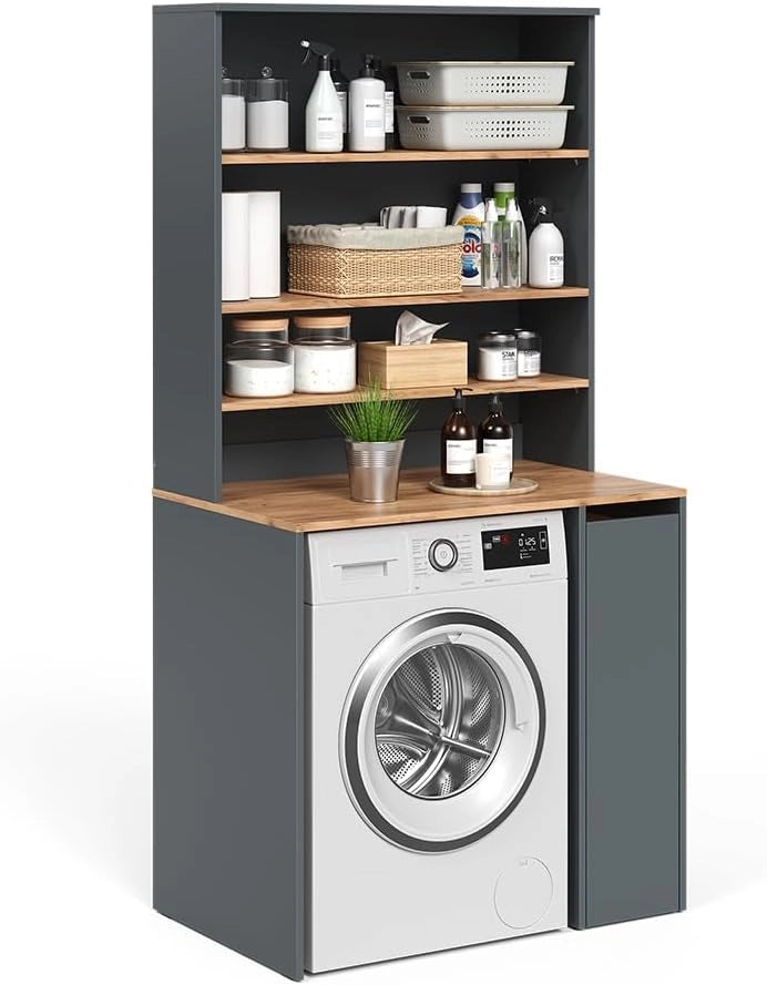 Mobile per lavatrice Antracite/Rovere Goldkraft Viktor 94x88x60 cm - Mobiletto da bagno per lavatrice, spazio di archiviazione aggiuntivo sopra l'elettrodomestico per detersivi e accessori