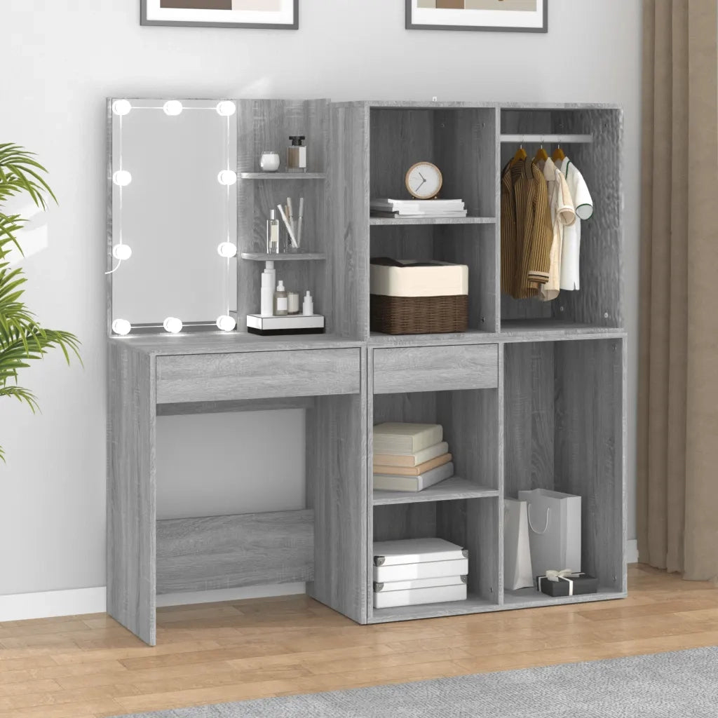 Toeletta | Tavolo da Trucco con LED e Armadietti Grigio Sonoma Legno Multistrato