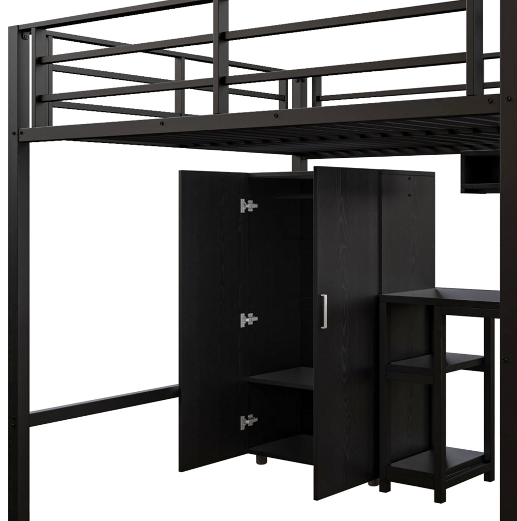 Letto a soppalco ULEVR 140x200 cm con armadio, scrivania, ripiani e scala con vani, nero
