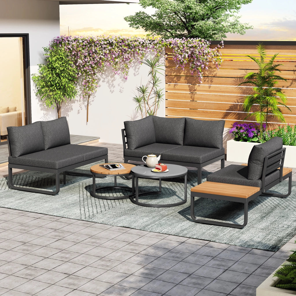 OKWISH Set di 5 mobili da giardino con 2 divani a 2 posti, 1 poltrona con piani laterali e 2 tavolini, Ferro Grigio