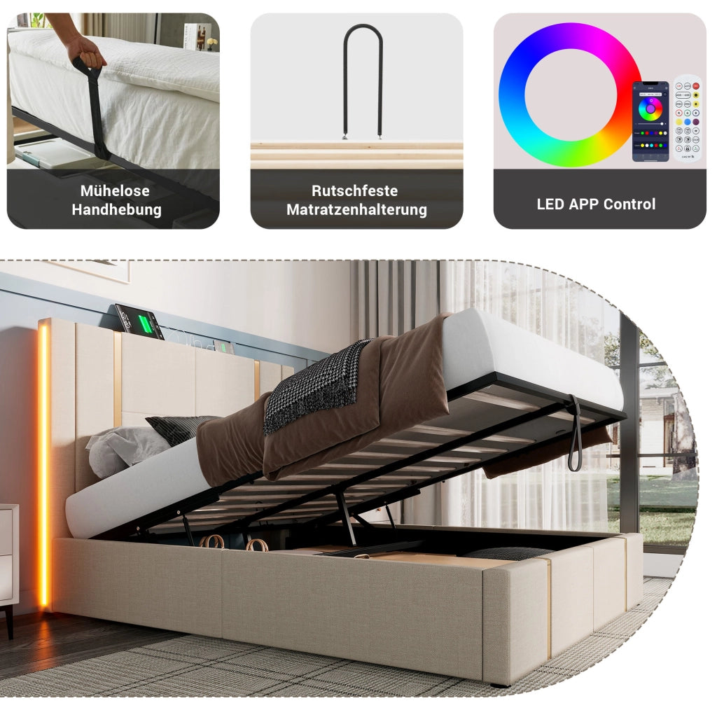 Letto imbottito 160x200 cm beige con LED RGB, USB-C e contenitore