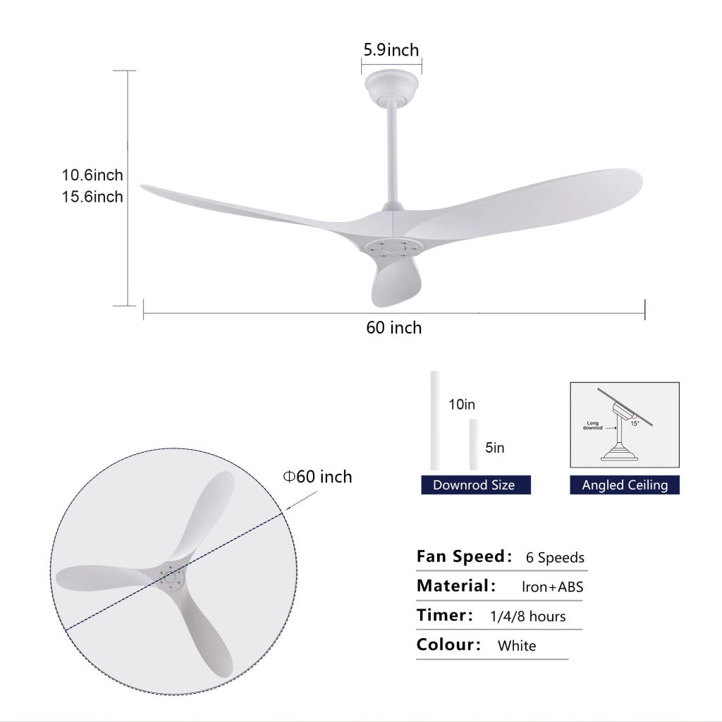 Ventilatore da soffitto bianco 60 pollici senza luce con telecomando, pale ABS, motore DC reversibile, timer, moderno per camere e terrazze