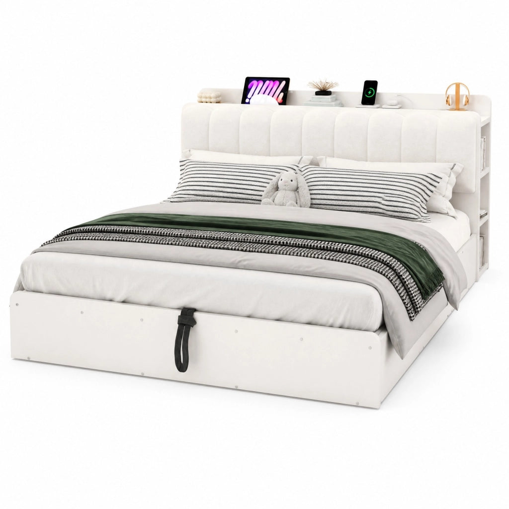 Letto matrimoniale 180x200 cm in legno bianco con contenitore idraulico; testiera imbottita e USB