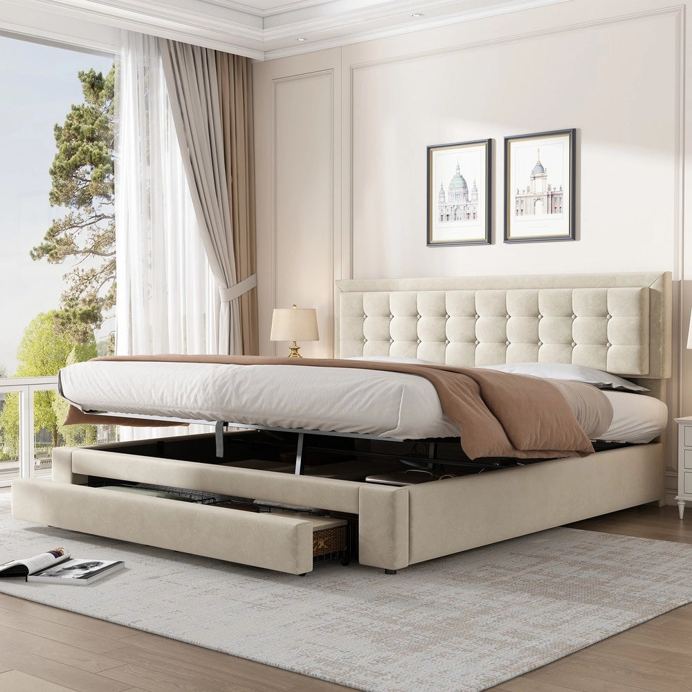 Letto contenitore imbottito ¨C Minimal ¨C velluto beige 160x200cm con rete a doghe e cassetti