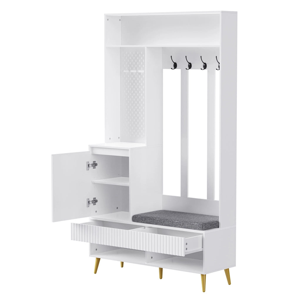 OKWISH Mobile da Ingresso con 1 Anta, 2 Cassetti, Vani Aperti, 4 Ganci e Panchina, per Ingresso, MDF, Bianco, 100×35×180 cm