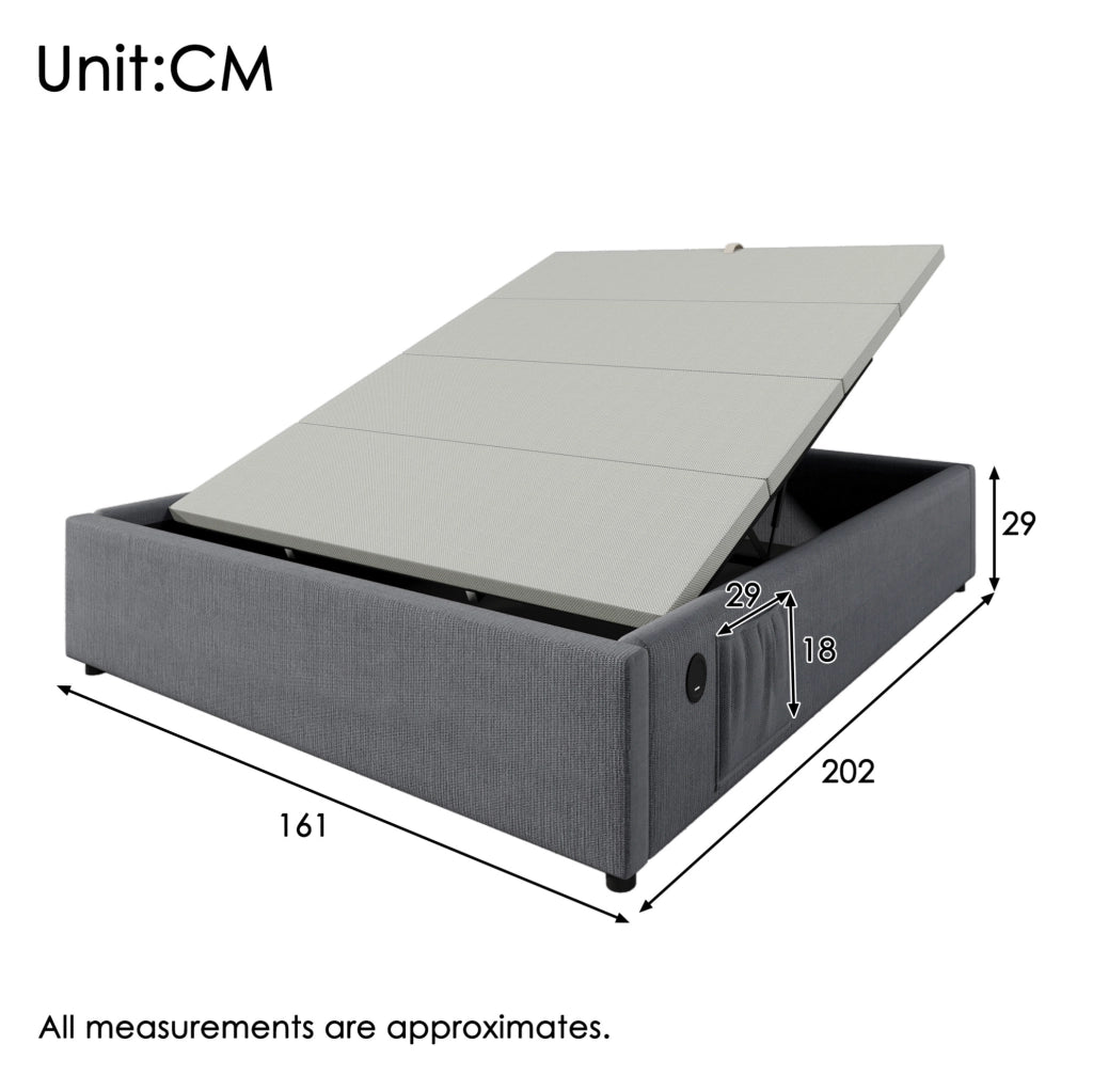 Letto matrimoniale imbottito 160x200 cm con contenitore; USB e Type-C; grigio