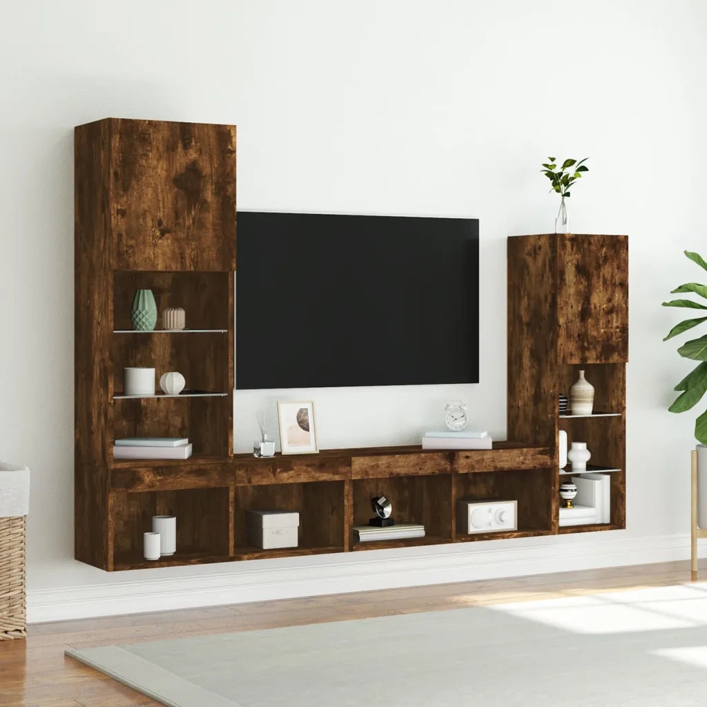 Mobili TV a Muro con LED 4pz Rovere Fumo in Legno Multistrato 3216658