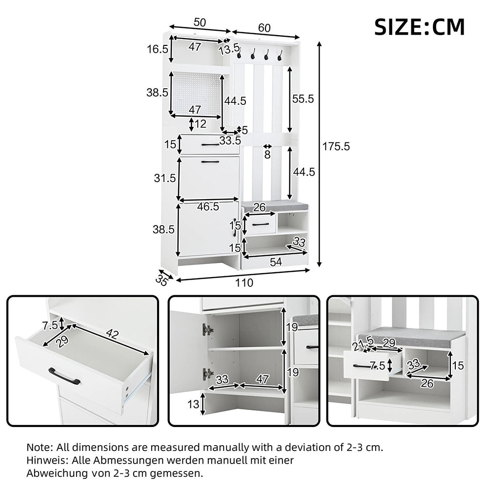 Appendiabiti 7 in 1 con panchina - Xylo - 7 ganci, pannello forato, 2 cassetti, bianco, 110x35x175.5 cm